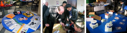 (Left) Art supplies presented to the four schools  (Center) Pierre Eloy with school principal, teacher, and students examining  math equipment (Right) Science tables were designed to encourage group learning and exchange of ideas. Science equipment was selected to match with lessons in the national standardized curriculum