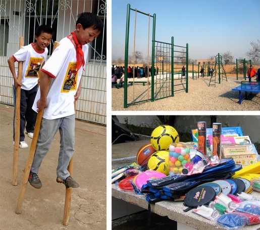 (Left) Sports equipment is in short supply in most rural areas often requiring schools to fashion whatever they can out of available materials, in this case. stilts made from bamboo stalks. (Top) Playground equipment and ping pong tables supplied to the project schools in Shaanxi Province. (Bottom) Sports equipment selected for CSF project schools include basketballs, volley balls, soccer (football) balls, frisbees, table tennis and badminton equipment, roller skates and jump ropes.