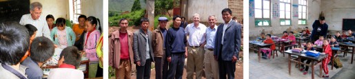 (Left) CSF's Ben Frankel with students at primary school in Yunnan Province. (Center) Visit with teachers at primary school in remote part of Yunnan Province. (Right) Classroom, pre-renovation, in Shaanxi Provence, site of ongoing CSF project. 