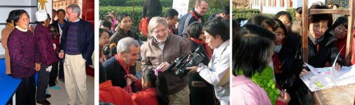 (Left) Villagers inspecting renovated classrooms. (Center) Media coverage was instrumental in getting the word out to the community about the new facilities (Right) Students showing off the art projects they did with volunteers from the Xi’an Institute of Art