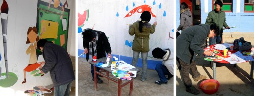 Students from Xi'an Institute of Art volunteered to do art projects with the children and painted murals on the school walls