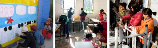 Fostering the spirit of community cooreration, volunteer staff and workers from the corporate sponsor, Shaanxi Fuping Cement Co., together with teachers, students and CSF staff helped assemble new furniture and work on the muralsat each of the four project schools.